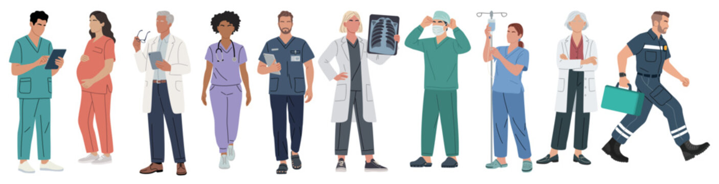 Medical team gathers, ready for action. Diverse professionals stand united in care. Each holds tools, scans, or supplies. They face challenges with focused determination. Perfect for health, education