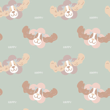 seamless cocker spaniel dog puppy with happy text pastel repeat pattern in green background, flat jpg illustration graphic design