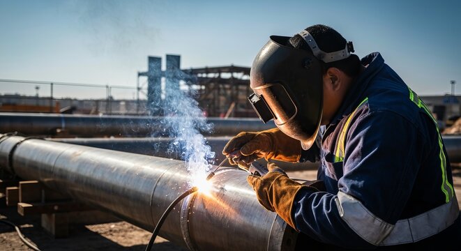 Expert welder assembling heavy-duty metallic pipelines under intense hot arc conditions in workshop.