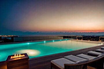 Fototapeta premium Modern luxury hotel rooftop infinity pool with city skyline view at twilight.