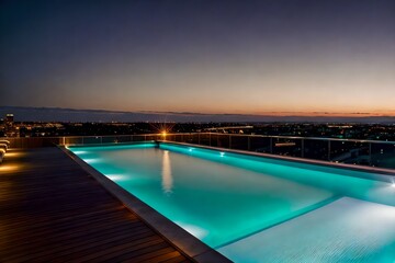 Fototapeta premium Modern luxury hotel rooftop infinity pool with city skyline view at twilight.