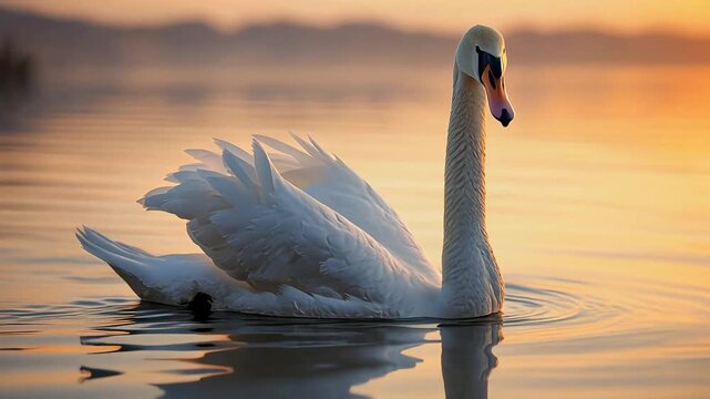 realistic close-up cinematic shot of a graceful white swan floating on calm water during golden sunse