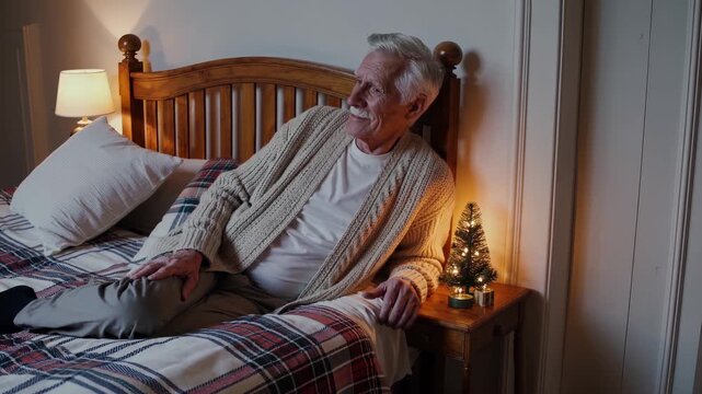 Woman sitting on bed in bedroom near nightstand lamp and blanket. Smile meets christmas tree light and ornament on nightstand. Interior decor includes plaid quilt headboard, pillow and fabric pattern.