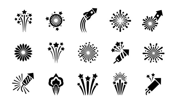 Bold firework silhouette icon set with celebration bursts and festive party explosion symbols