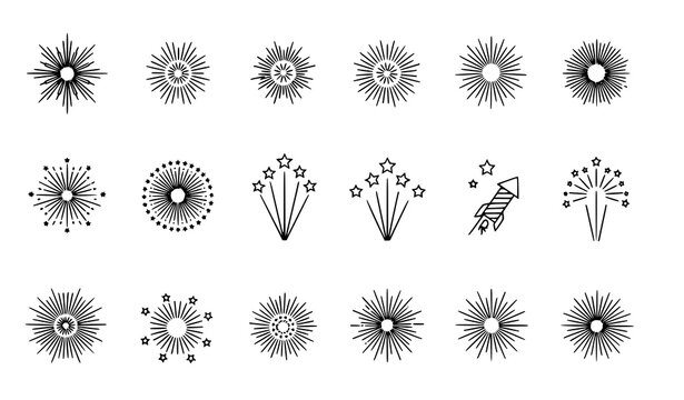 Firework icon set in minimal line style with starburst and celebration burst fireworks for party design