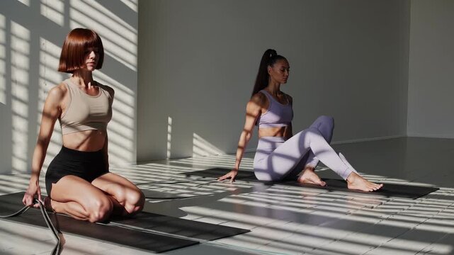 woman practices yoga on mat in studio. yoga session includes stretch and pilates movement. fitness and wellness pair during workout and exercise routine. breath control improves posture and alignment.