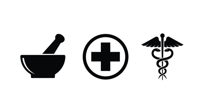 Medical icons featuring a mortar staff and caduceus silhouette