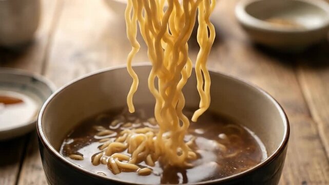 Chopsticks lifting noodles from steaming bowl on wooden table. Sequence shows eating motion in asian cuisine. Food consumption and dining concept with side dish.