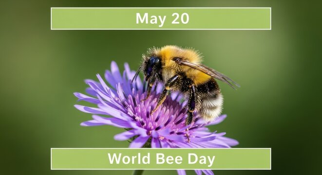 Bumblebee on purple flower celebrating World Bee Day on May 20