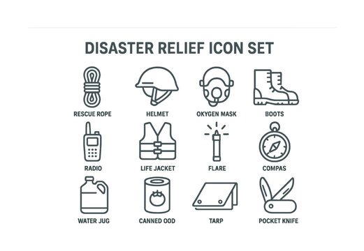 Disaster relief icon set featuring essential emergency tools for safety and survival