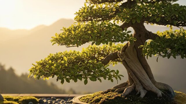 Bonsai tree close up with mountains in the background illuminated by golden sunlight