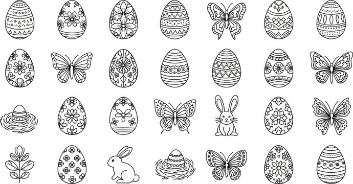 A repeating pattern featuring numerous stylized Easter eggs and butterflies is presented in a simple black and white outline drawing format.