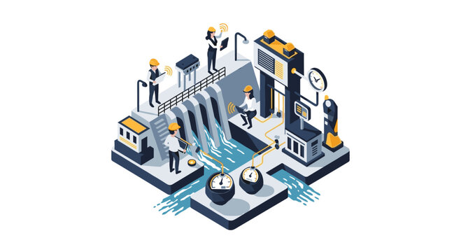 An isometric illustration shows engineers monitoring and working at a hydroelectric dam with flowing water.