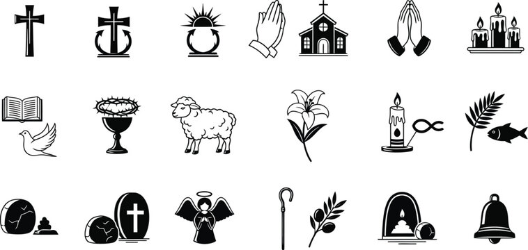 A selection of monochrome silhouette icons featuring traditional Christian religious symbols such as crosses, prayer hands, a lamb, and a church structure are arranged for design use.