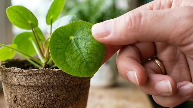 Conscious buying green pilea leaf held by hand in biodegradable pot for indoor houseplant care, mindful gardening and natural green plant inspiration