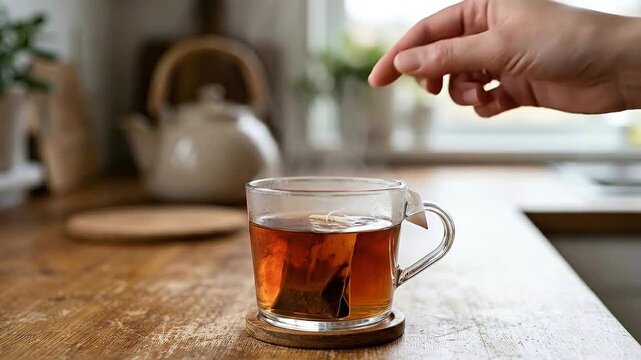Warm cup of tea in glass mug with hand placing tea bag conscious buying warm beverage in clear cup on wooden table for cozy morning ritual