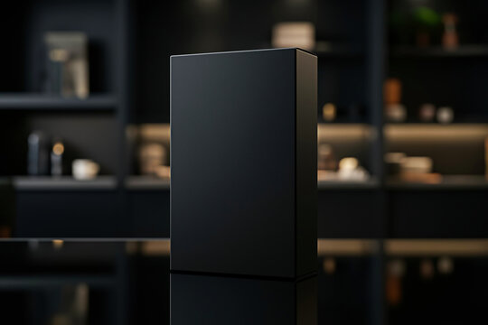 Black product box mockup standing on reflective surface with blurred interior background minimal packaging design branding presentation modern studio scene