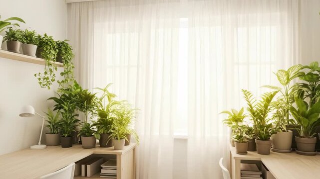 Interior design with plants and workstations in bright natural light