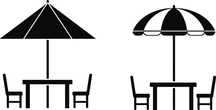 Outdoor cafe table and chairs with patio umbrella silhouettes, garden furniture icon set isolated for restaurant terrace, summer seating, street cafe and patio illustration