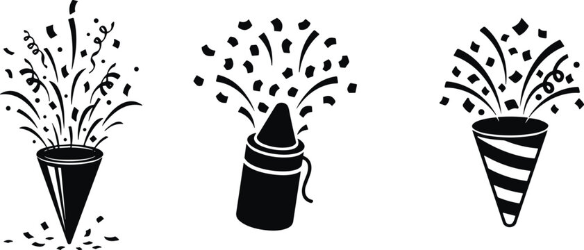 Party popper and confetti cannon silhouette icons set for celebration, festival, birthday and event decoration, festive explosion elements vector illustration collection