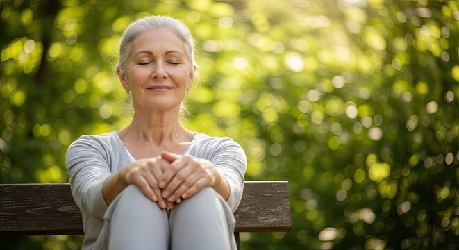 A serene elderly woman sits peacefully on a wooden park bench, eyes closed, and legs crossed.