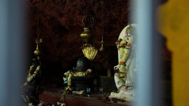 Lord Ganesha, Shivling and Goddess Parvati Idols Inside Temple in Amboli, Maharashtra, India.