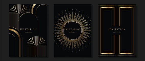 Fototapeta premium Gala invitation vector with black background and luminous gold arch, sunburst, and frame elements. Elegant luxury design for wedding card, premium celebration, and luxury brand event.