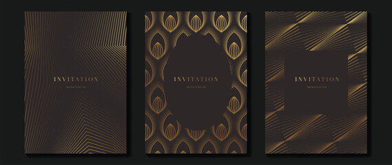 Elegant invitation card vector with black and bronze gold linear patterns. Luxury Art Deco design for gala night, wedding invitation, premium event branding, and formal celebration stationery. © TWINS DESIGN STUDIO