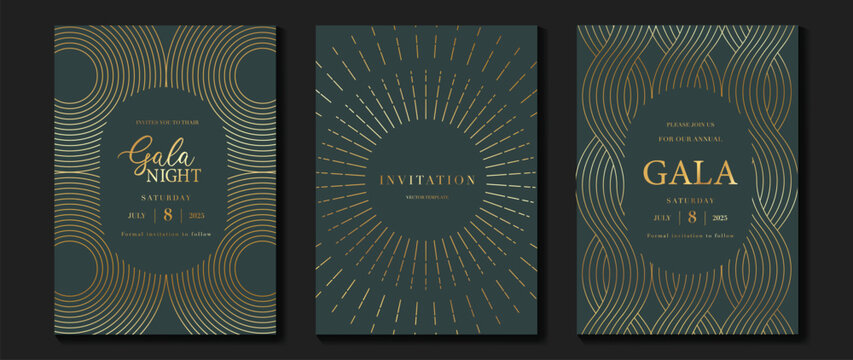 Gala night invitation vector with teal blue and muted gold geometric line pattern. Elegant luxury design for wedding stationery, premium event card, brand gala, and celebration.