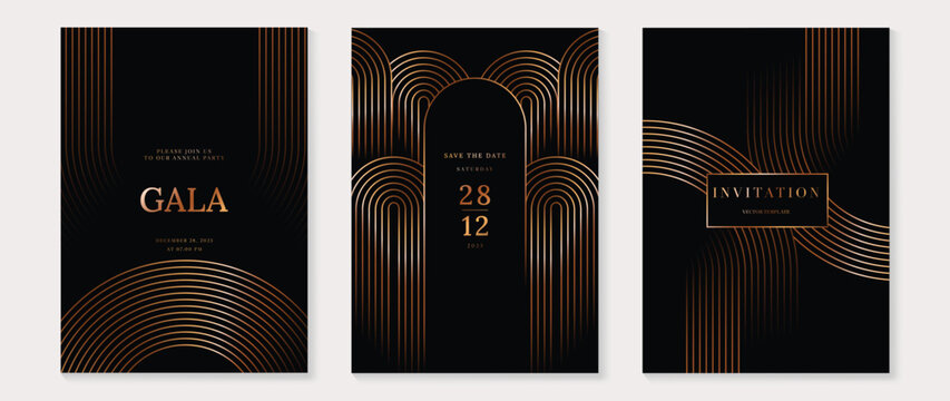 Gala invitation vector with black background and rose gold curved line pattern. Elegant luxury card design for wedding event, premium celebration, luxury branding, and formal invitation.