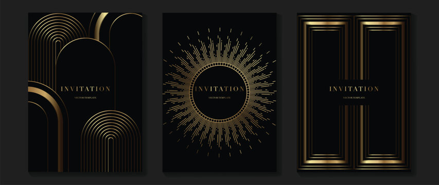 Gala invitation vector with black background and luminous gold arch, sunburst, and frame elements. Elegant luxury design for wedding card, premium celebration, and luxury brand event.