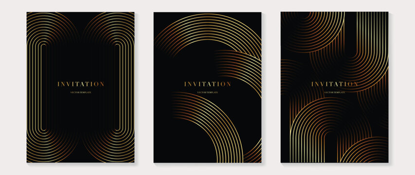 Luxury invitation vector with black background and bronze gold rounded geometric line pattern. Elegant premium design for gala event, wedding invitation, celebration, and luxury brand card.