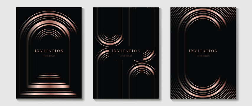 Luxury invitation card vector with black background and rose gold rounded arch lines. Elegant premium layout for gala event, wedding invitation, brand launch, and formal celebration.