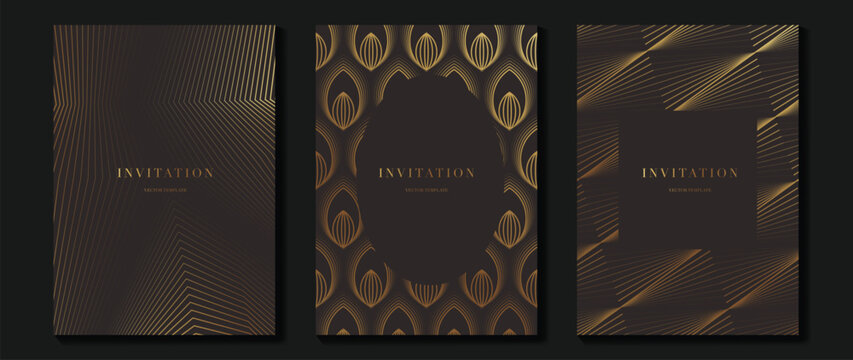 Elegant invitation card vector with black and bronze gold linear patterns. Luxury Art Deco design for gala night, wedding invitation, premium event branding, and formal celebration stationery.