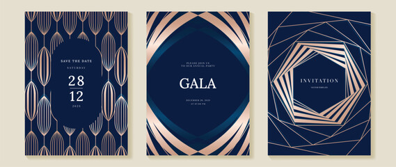 Luxury invitation vector with navy blue and champagne gold geometric line pattern. Elegant premium design for gala card, wedding stationery, luxury brand event, and celebration. © TWINS DESIGN STUDIO