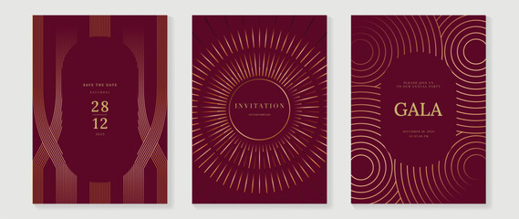 Luxury invitation vector with burgundy, plum, and rose gold geometric line pattern. Elegant premium card design for gala event, wedding invitation, celebration, and luxury branding.
