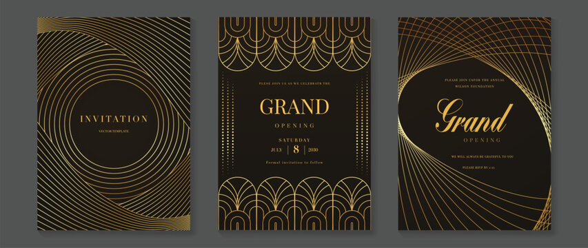 Grand opening invitation vector with black and gold radial Art Deco line pattern. Elegant luxury design for gala event, wedding card, premium launch, and formal celebration.