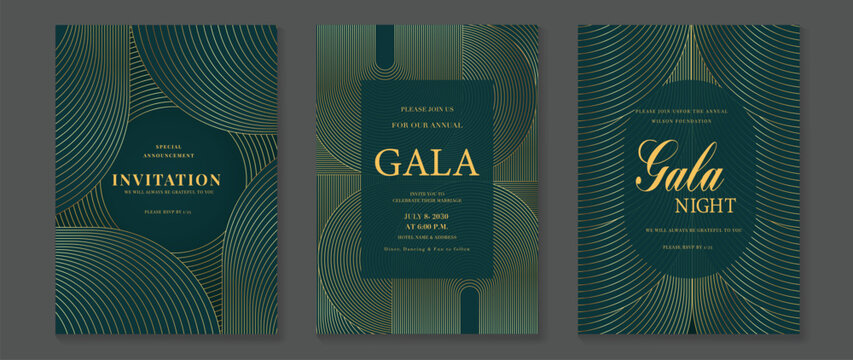 Gala night invitation vector with emerald green and gold circular line pattern. Elegant luxury design for wedding stationery, premium celebration card, and luxury brand presentation.