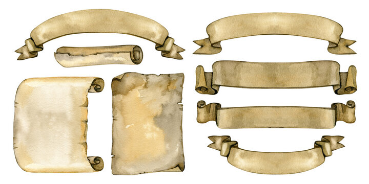 Comprehensive watercolor set of vintage parchment elements including arched banners, horizontal scrolls, and aged paper sheets with torn edges. Perfect for medieval maps, historical documents, and