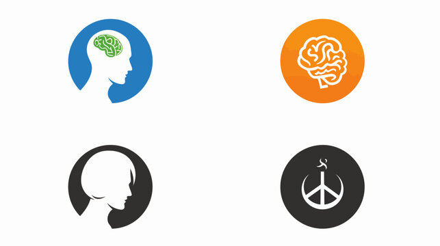 Four circular icons displaying silhouettes of a human, brain, and peace symbol
