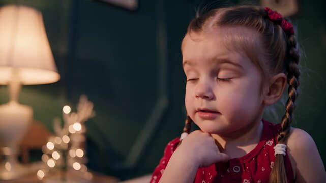 girl sits on bed wearing pajama. braid rests across shoulder. lamp and tree with ornament occupy bedside. blanket covers mattress. night in bedroom setting. doll rests near pillow. nightlight glows.