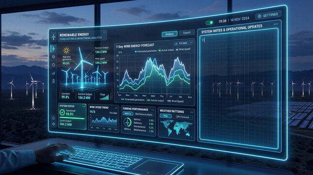 Futuristic card focused renewable energy forecasting featuring clean layout broad blank area concept. Futuristic interface displaying energy analytics and data visualizations.