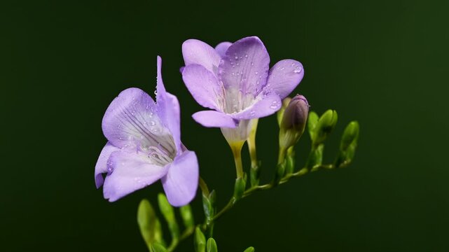 Purple freesia flowers with water drops on a green stem on green background