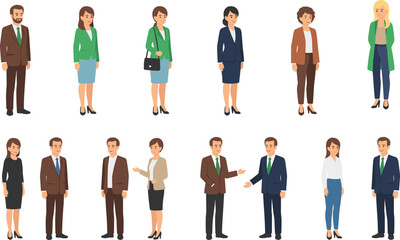 Fototapeta premium Diverse business professional character set featuring men and women in smart casual attire standing and talking isolated on white background.