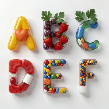 Alphabet Letters ABCDEF with Vitamins, Fruits, and Pills in 3D Typography