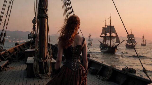 A woman on a wooden ship deck at sunset in a cinematic style with a calm sea background, conveying themes of exploration and adventure