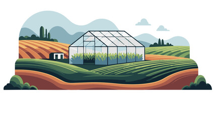 A greenhouse stands in a vast agricultural landscape with fields and hills. © Jago Gusti