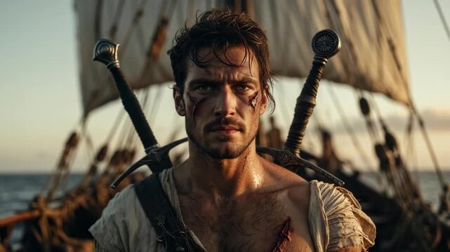 A wounded warrior on a ship deck in realistic style against a warm sunset, symbolizing courage and survival in seafaring life