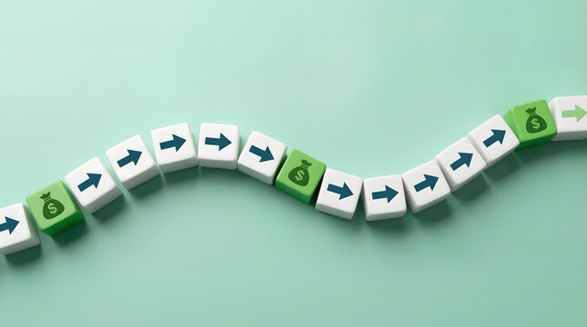 A curved line of white and green blocks with arrows and dollar signs on a light green background