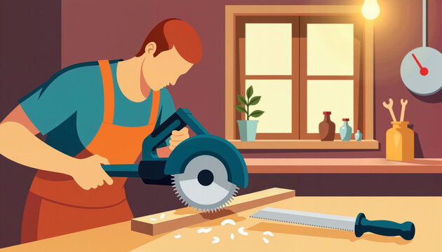 Male carpenter using circular saw in workshop with wooden table,  flat vector style  